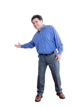Full Length Shot of a Happy Male Office Worker Showing a Welcome Gesture While Looking at the Camera. Isolated on a White Background.