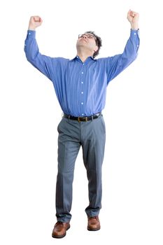 Full Length Shot of a Successful Businessman Raising his Two Fists as the Sign of Victory. Isolated on a White Background.