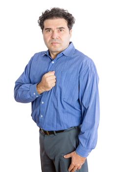 Three Quarter Shot of a Middle-Aged Businessman Putting his Fist on his Chest and Looking at the Camera. Isolated on a White Background.