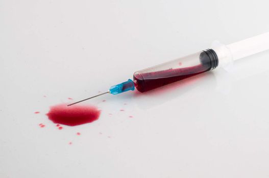Syringe with blood on withe background