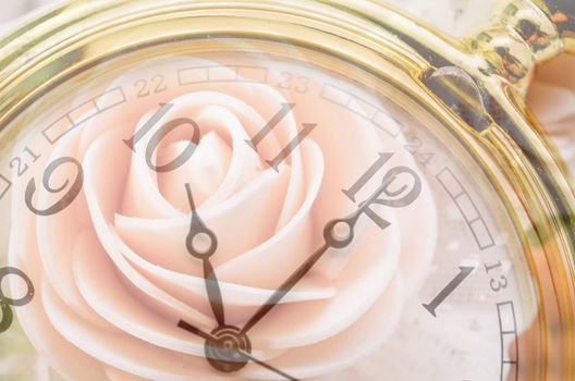 Composite of pink Roses and Clock. Love and time concept.