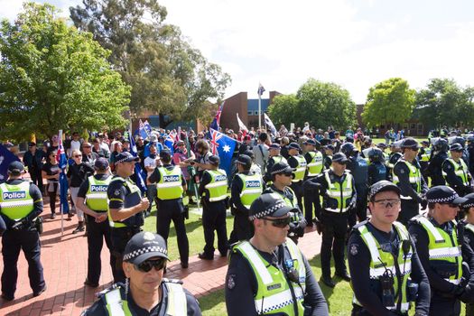 MELTON, VICTORIA/AUSTRALIA - NOVEMBER 2015: Anti Racism protesters violently clashed with reclaim australia groups rallying agsint Mulsim immigration.