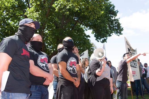 MELTON, VICTORIA/AUSTRALIA - NOVEMBER 2015: Anti Racism protesters violently clashed with reclaim australia groups rallying agsint Mulsim immigration.