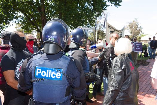 MELTON, VICTORIA/AUSTRALIA - NOVEMBER 2015: Anti Racism protesters violently clashed with reclaim australia groups rallying agsint Mulsim immigration.