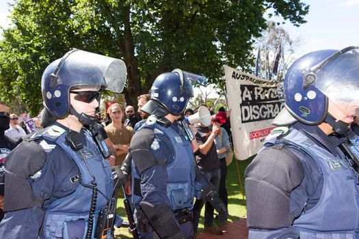 MELTON, VICTORIA/AUSTRALIA - NOVEMBER 2015: Anti Racism protesters violently clashed with reclaim australia groups rallying agsint Mulsim immigration.