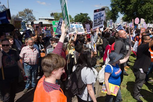 MELTON, VICTORIA/AUSTRALIA - NOVEMBER 2015: Anti Racism protesters violently clashed with reclaim australia groups rallying agsint Mulsim immigration.