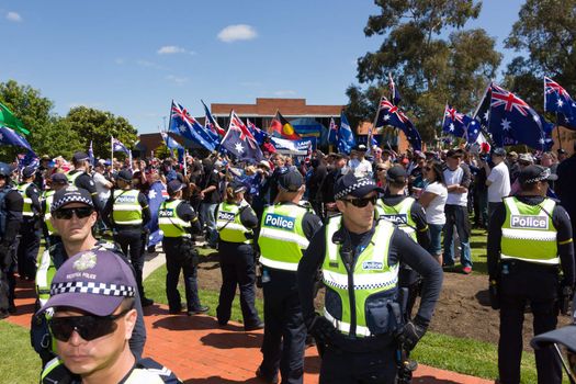 MELTON, VICTORIA/AUSTRALIA - NOVEMBER 2015: Anti Racism protesters violently clashed with reclaim australia groups rallying agsint Mulsim immigration.