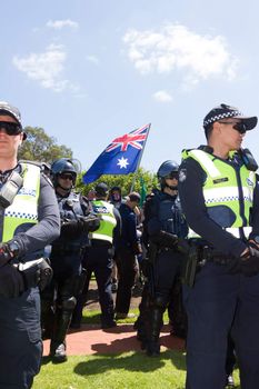 MELTON, VICTORIA/AUSTRALIA - NOVEMBER 2015: Anti Racism protesters violently clashed with reclaim australia groups rallying agsint Mulsim immigration.