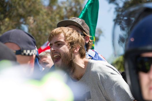 MELTON, VICTORIA/AUSTRALIA - NOVEMBER 2015: Anti Racism protesters violently clashed with reclaim australia groups rallying agsint Mulsim immigration.