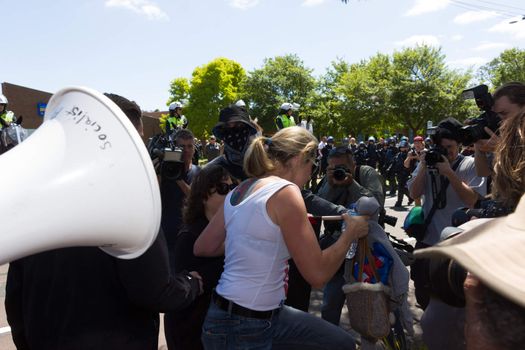 MELTON, VICTORIA/AUSTRALIA - NOVEMBER 2015: Anti Racism protesters violently clashed with reclaim australia groups rallying agsint Mulsim immigration.