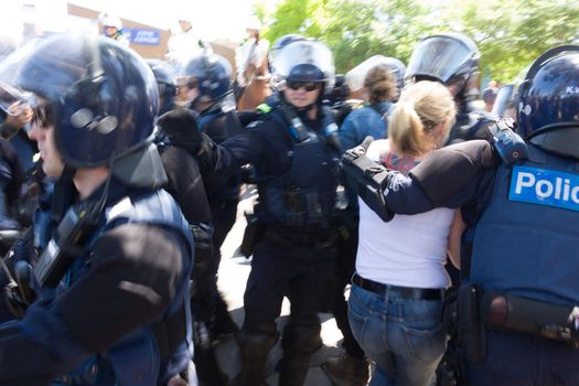 MELTON, VICTORIA/AUSTRALIA - NOVEMBER 2015: Anti Racism protesters violently clashed with reclaim australia groups rallying agsint Mulsim immigration.