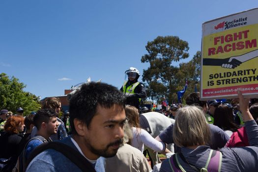 MELTON, VICTORIA/AUSTRALIA - NOVEMBER 2015: Anti Racism protesters violently clashed with reclaim australia groups rallying agsint Mulsim immigration.