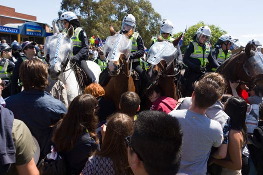 MELTON, VICTORIA/AUSTRALIA - NOVEMBER 2015: Anti Racism protesters violently clashed with reclaim australia groups rallying agsint Mulsim immigration.