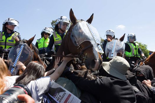 MELTON, VICTORIA/AUSTRALIA - NOVEMBER 2015: Anti Racism protesters violently clashed with reclaim australia groups rallying agsint Mulsim immigration.