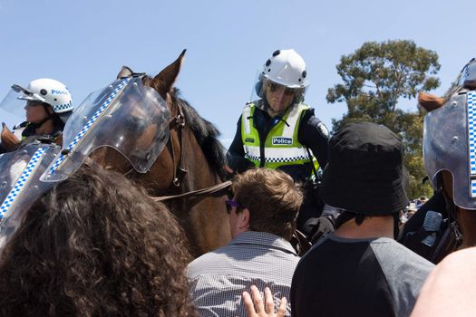 MELTON, VICTORIA/AUSTRALIA - NOVEMBER 2015: Anti Racism protesters violently clashed with reclaim australia groups rallying agsint Mulsim immigration.