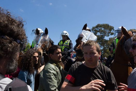 MELTON, VICTORIA/AUSTRALIA - NOVEMBER 2015: Anti Racism protesters violently clashed with reclaim australia groups rallying agsint Mulsim immigration.