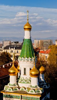 Golden domes of the church St. Nicholas the Miracle-Maker in Sofia, Bulgaria, Europe. Russian revival style. Construction took part between 1907 and 1914. It was build on the site of the Saray Mosque.