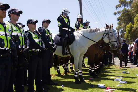 MELTON, VICTORIA/AUSTRALIA - NOVEMBER 2015: Anti Racism protesters violently clashed with reclaim australia groups rallying agsint Mulsim immigration.