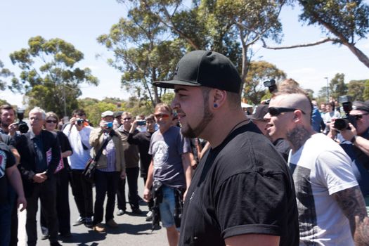 MELTON, VICTORIA/AUSTRALIA - NOVEMBER 2015: Anti Racism protesters violently clashed with reclaim australia groups rallying agsint Mulsim immigration.