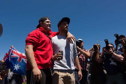 MELTON, VICTORIA/AUSTRALIA - NOVEMBER 2015: Anti Racism protesters violently clashed with reclaim australia groups rallying agsint Mulsim immigration.