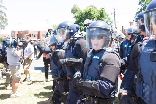 MELTON, VICTORIA/AUSTRALIA - NOVEMBER 2015: Anti Racism protesters violently clashed with reclaim australia groups rallying agsint Mulsim immigration.