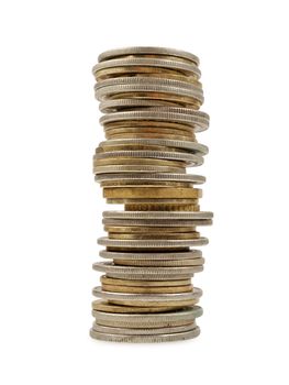 tower of coins isolated on white background, studio shot