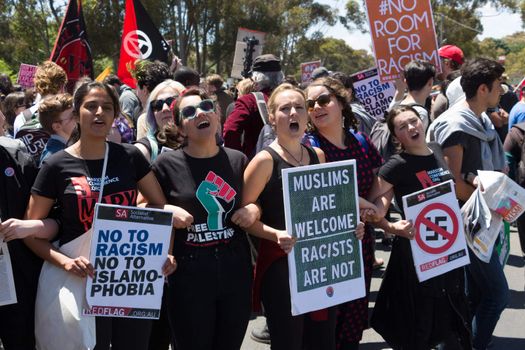 MELTON, VICTORIA/AUSTRALIA - NOVEMBER 2015: Anti Racism protesters violently clashed with reclaim australia groups rallying agsint Mulsim immigration.