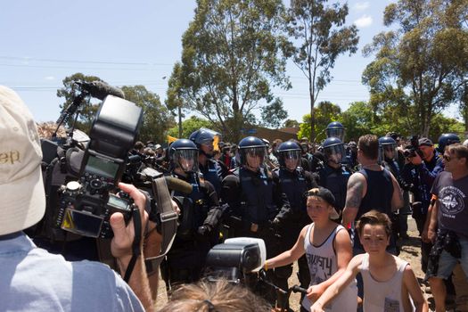 MELTON, VICTORIA/AUSTRALIA - NOVEMBER 2015: Anti Racism protesters violently clashed with reclaim australia groups rallying agsint Mulsim immigration.