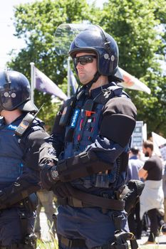 MELTON, VICTORIA/AUSTRALIA - NOVEMBER 2015: Anti Racism protesters violently clashed with reclaim australia groups rallying agsint Mulsim immigration.