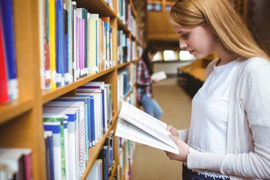 Blond student reading book in library at the university