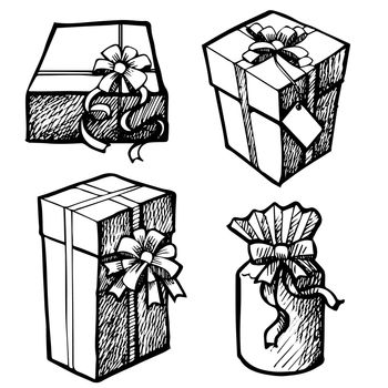 Freehand sketch illustration of sot of grunge Christmas gift boxes , doodle hand drawn