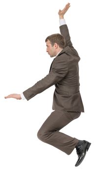 Businessman sitting on empty space on isolated white background