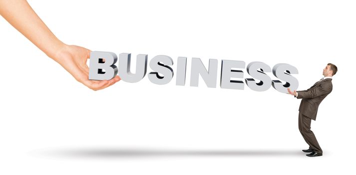 Businessman and hand holding word business on isolated white background