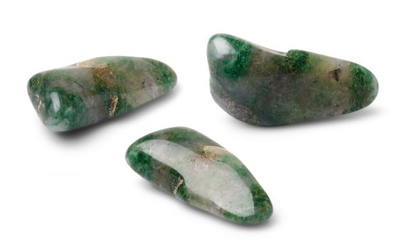 Three angles of view of green jasper isolated on white background.