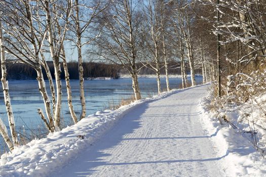Winter Landscape in Umeå, Sweden and its river.