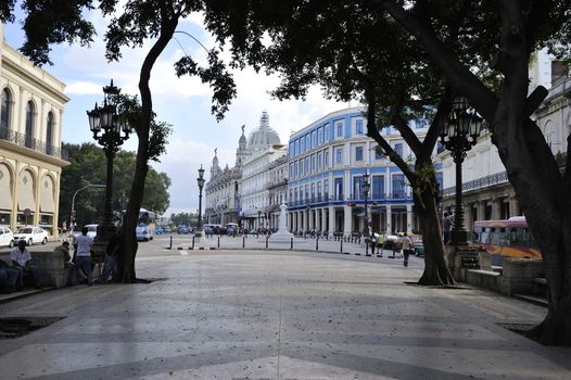 Havana, Cuba, August 2013.  Paseo de Marti. View at the Havana theater and Capitol hill.