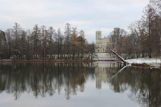 Gatchina Palace and white lake in Gatchina park, winter, November 2015