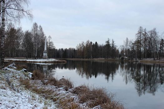 Chesma obelisk in Gatchina Park, White Lake, winter, in November 2015.