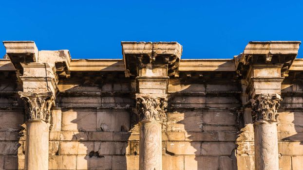 Fragment of the remains of the Hadrian's Library, created by Roman Emperor Hadrian in AD 132 on the north side of the Acropolis of Athens, Greece.