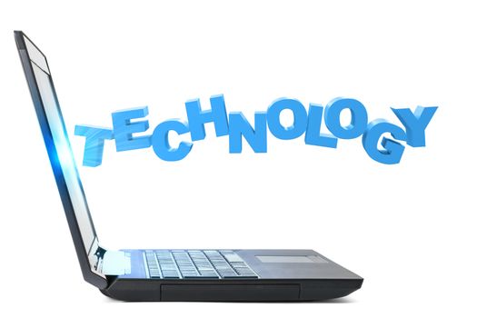 Laptop with word technology on isolated white background, front view