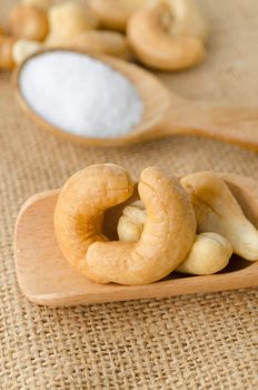 Cashew nuts and salt in wooden spoon on sack background.