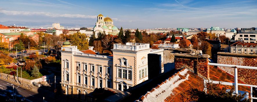 A view of downtown Sofia, Bulgaria, golden domes of st. Aleksander Nevski cathedral are seen.