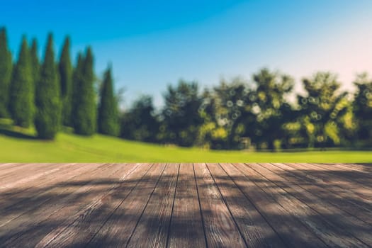 Beautiful sunlight in the autumn forest with wood planks floor, nature background, bokeh background