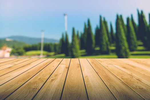 Beautiful sunlight in the autumn forest with wood planks floor, nature background, bokeh background