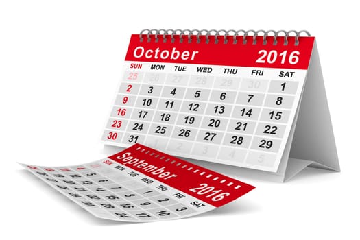 2016 year calendar. October. Isolated 3D image