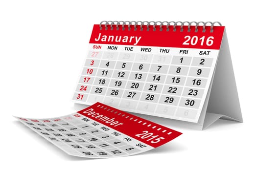 2016 year calendar. January. Isolated 3D image