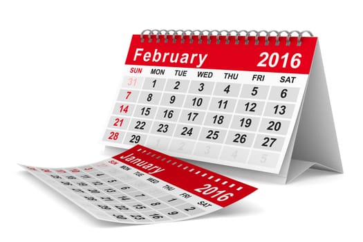 2016 year calendar. February. Isolated 3D image