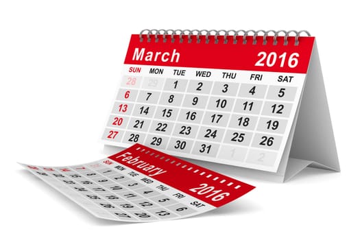 2016 year calendar. March. Isolated 3D image