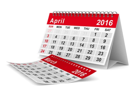 2016 year calendar. April. Isolated 3D image