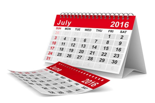 2016 year calendar. July. Isolated 3D image